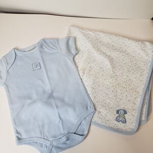 Babyworks Baby Boy Set Blue Puppy Bodysuit 0-3M & Matching Receiving Blanket